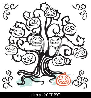 Vektor gruselig halloween Baum Doodle Illustration Set, Grußkarte, Hand-Schriftzug, Cartoon-Stil. Niedliche Doodle Linie Kunst Stil. Hand geschrieben modernen Pinsel Schriftzug weißen Hintergrund isoliert Vektor-Element Stock Vektor