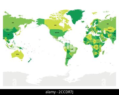 Weltkarte in vier Grüntönen auf weißem Hintergrund. High Detail Amerika zentrierte politische Karte. Vektordarstellung mit beschrifteten Verbindungswegen jedes Landes. Stock Vektor