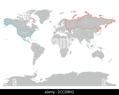 Die Vereinigten Staaten und Russland auf der politischen Karte der Welt hervorgehoben. Vektorgrafik. Stock Vektor