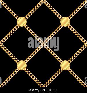 Nahtloses Muster aus kleinen goldenen Ketten auf schwarzem Hintergrund. Stockfoto