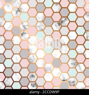 Vektor Marmor Textur Design mit goldenen Wabenmuster, schwarz und weiß Marmorierung Oberfläche, moderne luxuriöse Hintergrund, Vektor-Illustration Stock Vektor