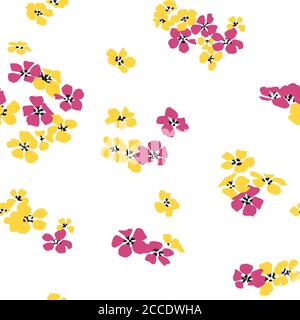 Nahtlose Hand gezeichnet Abstrakt von Mini-Blumen. Gelbe und rosa Farben wiederholende Vektor-Muster auf weißem Hintergrund bereit für Textildrucke. Stockfoto