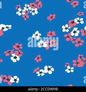 Nahtlose Hand gezeichnet Abstrakt von Mini-Blumen. Weiße und rosa Farben wiederholendes Vektor-Muster auf blauem Hintergrund bereit für Textildrucke. Stockfoto