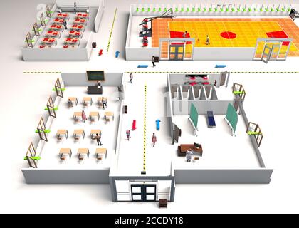 Klassenräume in einer Schule, neue Anti-covid-19-Maßnahmen. Coronavirus. 3d-Schnitt einer Schule, um korrekte soziale Distanzierung zu erhalten Stockfoto