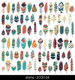 Sammlung von Boho vintage Tribal ethnische handgezeichnete bunte Federn, Vektor-Illustration Stock Vektor