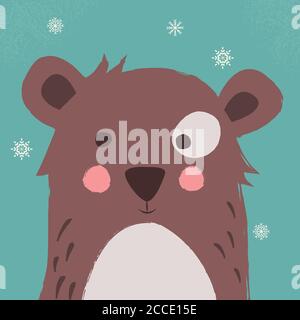 Niedlichen braunen Bär mit Schneeflocken auf blauem Hintergrund, Vektor-Illustration Stock Vektor