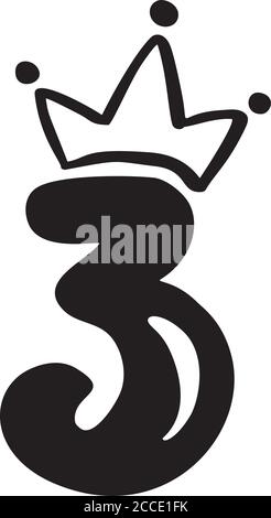 Vektor Vintage prall Süße Zahl 3 mit Krone. Princess Element Schriftartlogo. Valentine Hand gezeichnete Alphabet Zeichen für Seite Dekoration und Design Stock Vektor