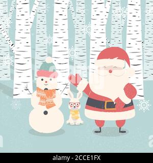 Frohe Weihnachts-Postkarte mit Weihnachtsmann, Schneemann, Kaninchen im Wald, Vektor-Illustration Stock Vektor