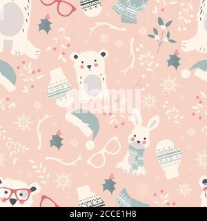 Nahtlose Merry Christmas Muster mit niedlichen Polartieren, Bären, Kaninchen, Vektor-Illustration Stock Vektor