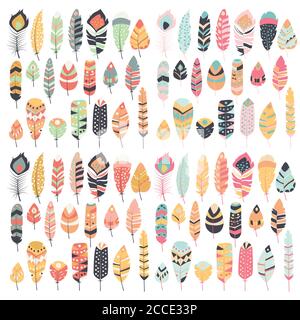 Sammlung von Boho vintage Tribal ethnische handgezeichnete bunte Federn, Vektor-Illustration Stock Vektor