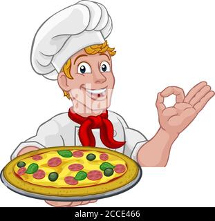 Koch Koch Mann Cartoon Halten SIE EINE Pizza Stock Vektor