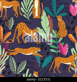 Nahtloses Muster mit handgezeichneten exotischen Großkatzengeparden, mit tropischen Pflanzen und abstrakten Elementen auf dunkelviolettem Hintergrund. Farbenfrohe flache Vektor i Stock Vektor