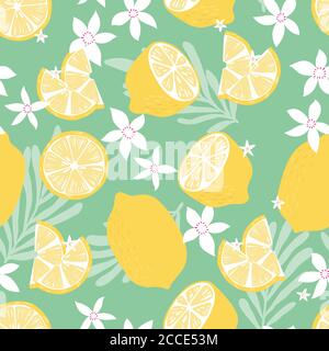 Frucht nahtloses Muster, Zitronen mit tropischen Blättern und Blumen auf grünem Hintergrund. Sommerliches, lebendiges Design. Exotische tropische Früchte. Farbenfrohe Vektorgrafik Abb. Stock Vektor