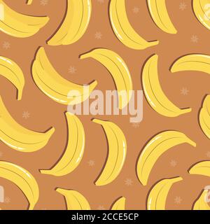 Frucht nahtloses Muster, Bananen mit Schatten auf hellbraunem Hintergrund. Sommerliches, lebendiges Design. Exotische tropische Früchte. Farbenfrohe Vektorgrafik Stock Vektor