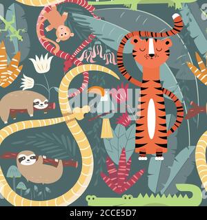Nahtloses Muster mit niedlichen Regenwald Tiere, Tiger, Schlange, Faultier, Vektor-Illustration Stock Vektor