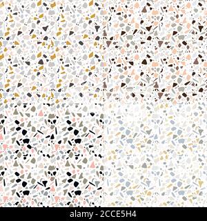 Sammlung von vier Terrazzo nahtlose Muster-Designs mit handgezeichneten Felsen. Abstrakter moderner Hintergrund, flache Vektorgrafik Stock Vektor