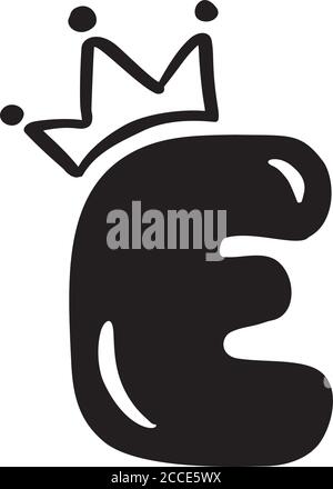 Vektor plump vintage niedlichen Buchstaben E mit Krone. Princess Element Schriftartlogo. Valentine Hand gezeichnete Alphabet Zeichen für Seite Dekoration und Design Stock Vektor