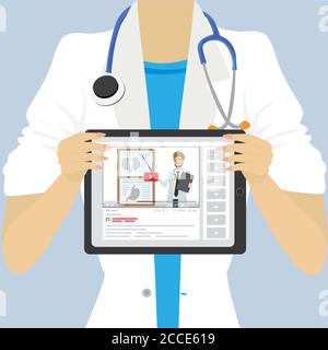 Ärztin oder Krankenschwester mit medizinischem Tablet-pc, medizinischem Webinar oder Coaching-Training, flache Vektordarstellung Stock Vektor
