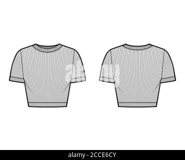 Geripptes 3/4-Baumwoll-Jersey-T-Shirt technische Mode-Illustration mit Rundhalsausschnitt, kurzen Ärmeln, eng anliegende Passform. Flat outwear Pullover Bekleidung Vorlage vorne hinten weiß Farbe. Damen Herren Unisex Strickoberteil Stock Vektor