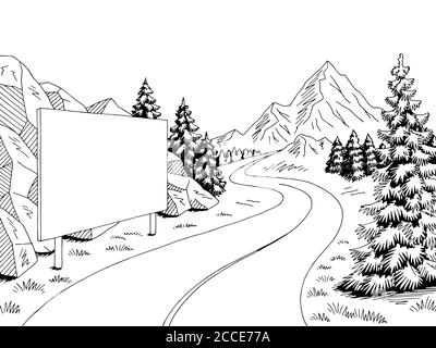 Mountain Road Plakatwand Grafik schwarz weiß Landschaft Skizze Illustration Vektor Stock Vektor