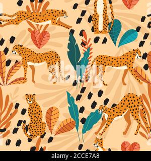 Nahtloses Muster mit handgezeichneten exotischen Großkatzengeparden, mit tropischen Pflanzen und abstrakten Elementen auf hellorangenen Hintergrund. Farbenfrohe flache Vektorgrafik Stock Vektor