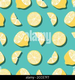 Frucht nahtloses Muster, Zitronen mit Schatten auf hellgrünem Hintergrund. Sommerliches, lebendiges Design. Exotische tropische Früchte. Farbenfrohe Vektorgrafik Stock Vektor