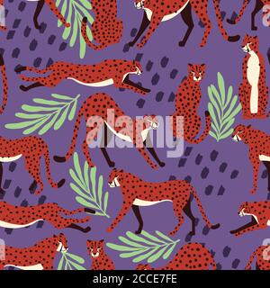 Nahtloses Muster mit handgezeichneten exotischen Großkatzengeparden, mit tropischen Pflanzen und abstrakten Elementen auf purpurem Hintergrund. Farbenfrohe, flache Vektorgrafik Stock Vektor