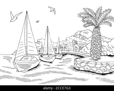 Strandpromenade Pier Grafik Yacht Sea Bay schwarz weiß Landschaft Skizze Illustrationsvektor Stock Vektor