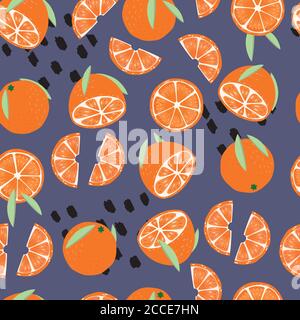 Frucht nahtloses Muster, Orangen mit Blättern und abstrakten Elementen auf lila Hintergrund. Sommerliches, lebendiges Design. Exotische tropische Früchte. Farbenfrohe Vektorgrafik Stock Vektor