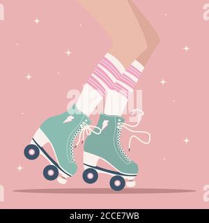 Handgezeichnete Illustration mit weiblichen Beinen und Röhrensocken und Retro-Rollschuhe. Farbenfrohe Vektorgrafik Stock Vektor