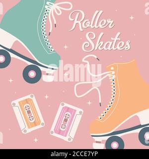 Handgezeichnete Illustration mit Retro-Rollschuben und Kassettenbändern. Farbenfrohe Vektorgrafik Stock Vektor