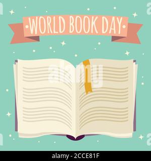 Welt Buchtag, offenes Buch mit festlichem Banner, Vektor-Illustration Stock Vektor