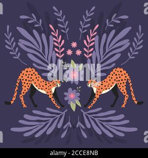 Zwei niedliche handgezeichnete Geparden, die sich auf dunkelviolettem Hintergrund mit exotischen Pflanzen erstrecken. Flache Vektorgrafik Stock Vektor