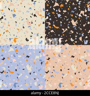 Sammlung von vier Terrazzo nahtlose Muster-Designs mit handgezeichneten Felsen. Abstrakter moderner Hintergrund, flache Vektorgrafik Stock Vektor