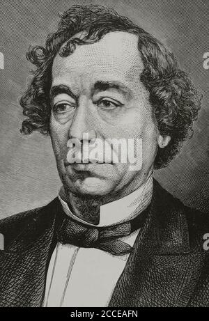 Benjamin Disraeli (1804-1881). Britischer Staatsmann und Schriftsteller. Zweimal Premierminister des Königreiches von Unied (1868, 1874-1880). Führer der konservativen Partei "Tory" in England. Hochformat. Gravur. La Ilustracion Española y Americana, 1881. Stockfoto