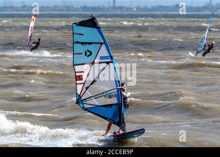 Windsurfer, Windsurfen in der Themse Mündung vor Southend on Sea, Essex, Großbritannien, während der starken Winde des Sturms Ellen. Windsurfer Stockfoto