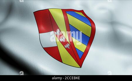 3D Illustration einer wehenden belgischen Stadtflagge von Florenville (Land Belgien) Stockfoto