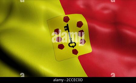 3D Illustration einer wehenden belgischen Stadtflagge von Comines Warneton (Belgien) Stockfoto