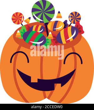 halloween Kürbis mit süßen Bonbons flachen Stil Symbol Vektor Illustration Design Stock Vektor