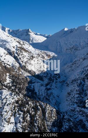 Europa, Schweiz, Wallis, Belalp, Blick auf den winterlichen Aletschgletscher Stockfoto