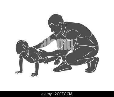 Trainer hilft einem kleinen Jungen tun Push-ups vom Boden. Sportunterricht. Fitness Für Kinder Stock Vektor