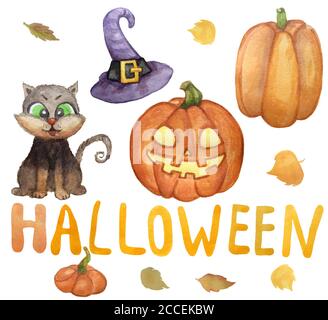 Halloween-Urlaub. Niedliche Illustrationen Zeichnungssatz - eine schwarze Katze mit grünen Augen, ein orangefarbener Kürbis, ein lila Hexenhut und Jack-Taschenlampe Stockfoto