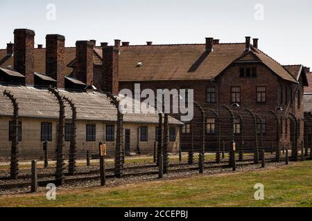 Oswiecim, Polen - 22. August 2018: Barracs in der Gedenkstätte und Museum Auschwitz-Birkenau. ehemaligen deutschen nationalsozialistischen Konzentrations- und Vernichtungslager. Stockfoto