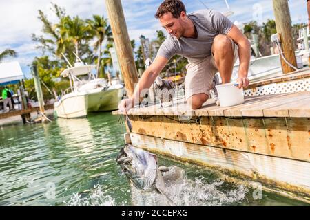 Tarpon Fisch Fütterung in den Schlüsseln, Florida, Sommer Reise Lifestyle Tourismus. Amerikanischer Mann mit Spaß bei Freizeitaktivitäten in Islamorada, USA Stockfoto