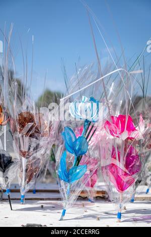Kunstrosen einzeln verpackt in Frischhaltefolie in leuchtenden Farben Stockfoto