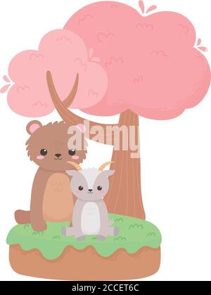 Nette kleine Bär und Ziege sitzend Baum Cartoon Tiere in Eine natürliche Landschaftsdarstellung Stock Vektor