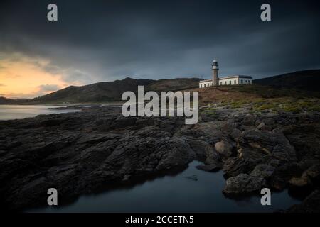 Einsamer Leuchtturm an der Küste bei Sonnenuntergang Stockfoto