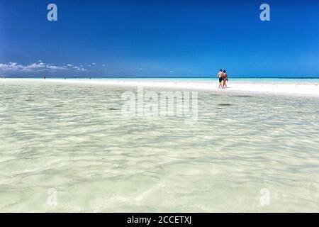 Touristen Sonnenbaden an einem idyllischen Strand in Holbox. Holbox Island, Cancun, Yucatan, Mexiko Stockfoto