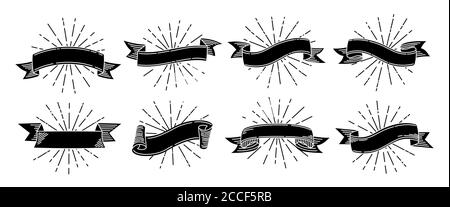 Band Doodle Retro-Set. Schwarze alte Gravur handgezeichnete Bänder. Klebeband mit Lichtstrahlen. Alte Grunge Sammlung, leer für Grußkarten, Banner Einladungen. Web Icon Kit, Bannerbänder. Vektor Stock Vektor