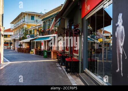 Architektur der Altstadt von Lefkada in Griechenland. Stockfoto